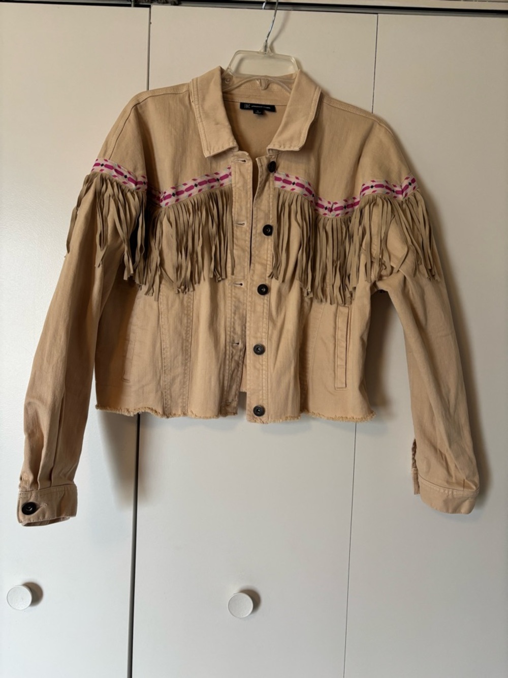 INC International Concepts Tan Fringe Jean Jacket with Pink Trim